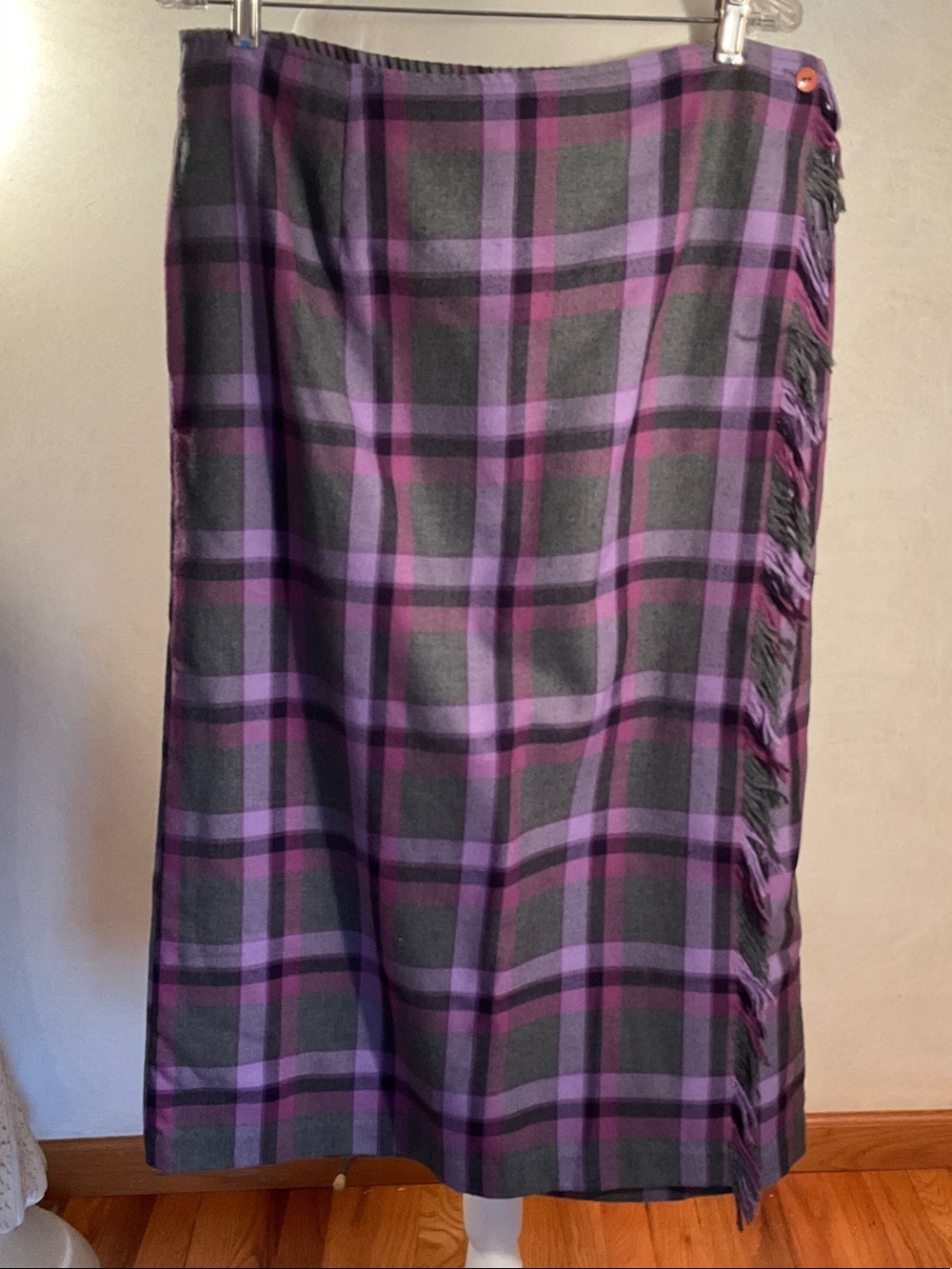 Requirements Purple & Gray Plaid Maxi Wrap Skirt with Fringe